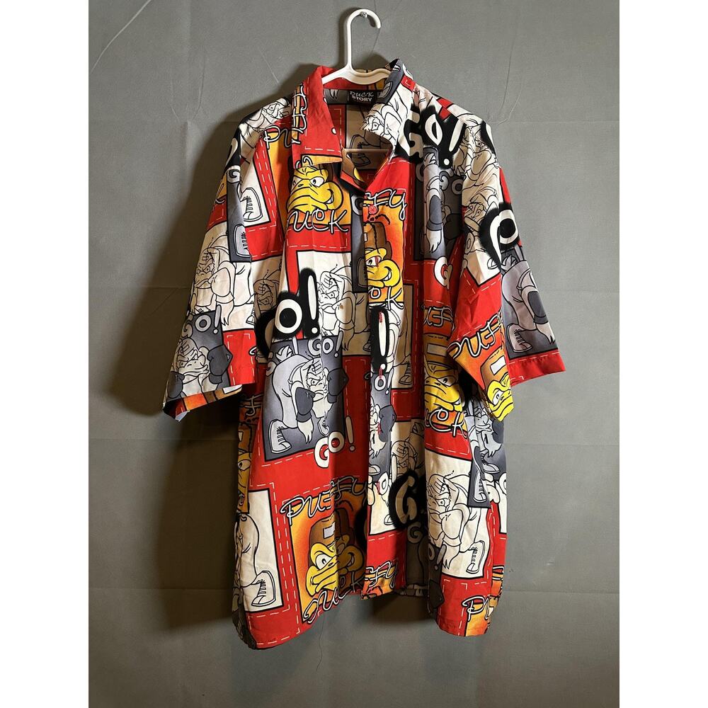 Duck Story Shirt Mens XL Red Cartoon Boxing Duck Graphic Button Up 90s Style